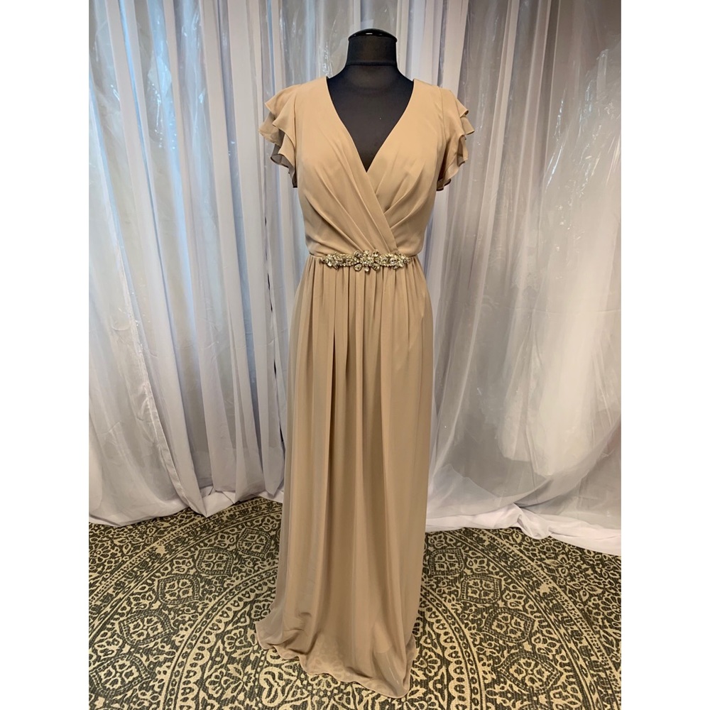 Tan Chiffon Dress with Flutter Sleeves